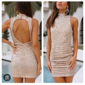 NWT Angel Biba Gold Sequin Open Back Mini Dress High Neck Ruched Bodycon Size L